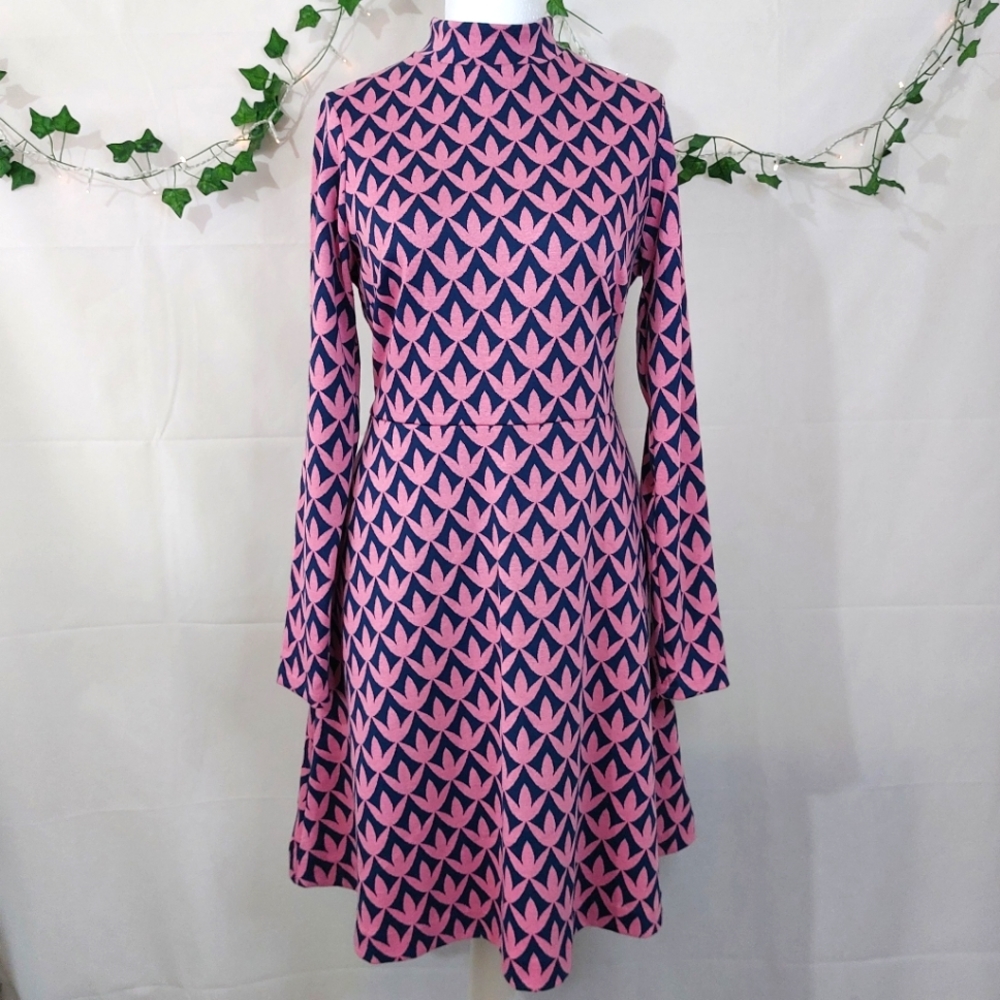 BODEN High Neck Fit&Flare Dress Pink Navy Floral Geo Size 14R Winter Autumn Chic - Picture 1 of 11